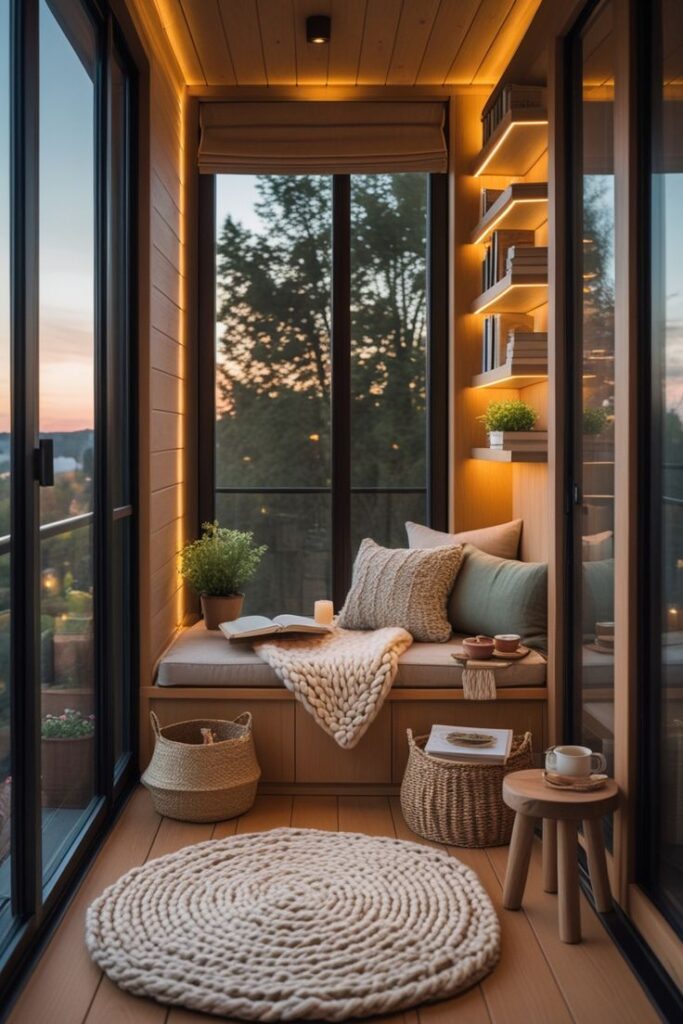 Cozy modern balcony with pillows, books, and warm lighting for a relaxing sunset view; ideal for reading and lounging.