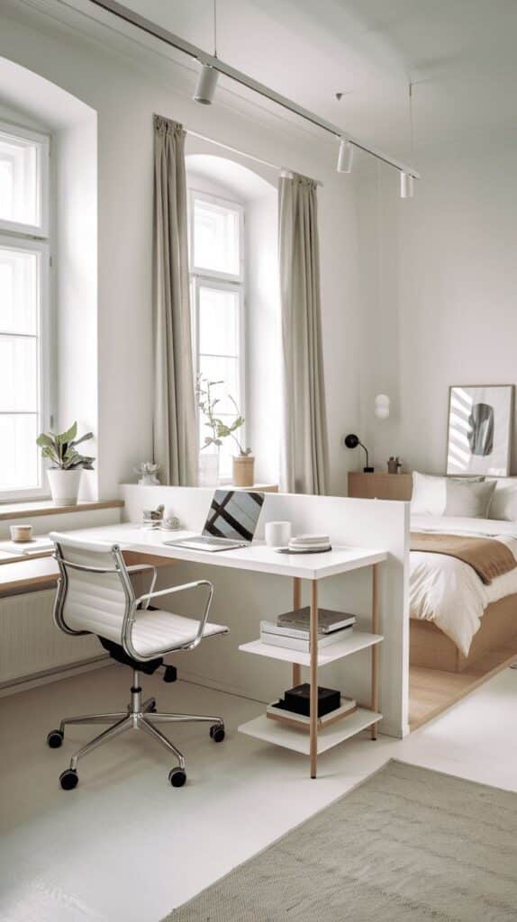 Minimalist home office setup with white desk, laptop, chair, and indoor plants beside a cozy bed, illuminated by natural light.