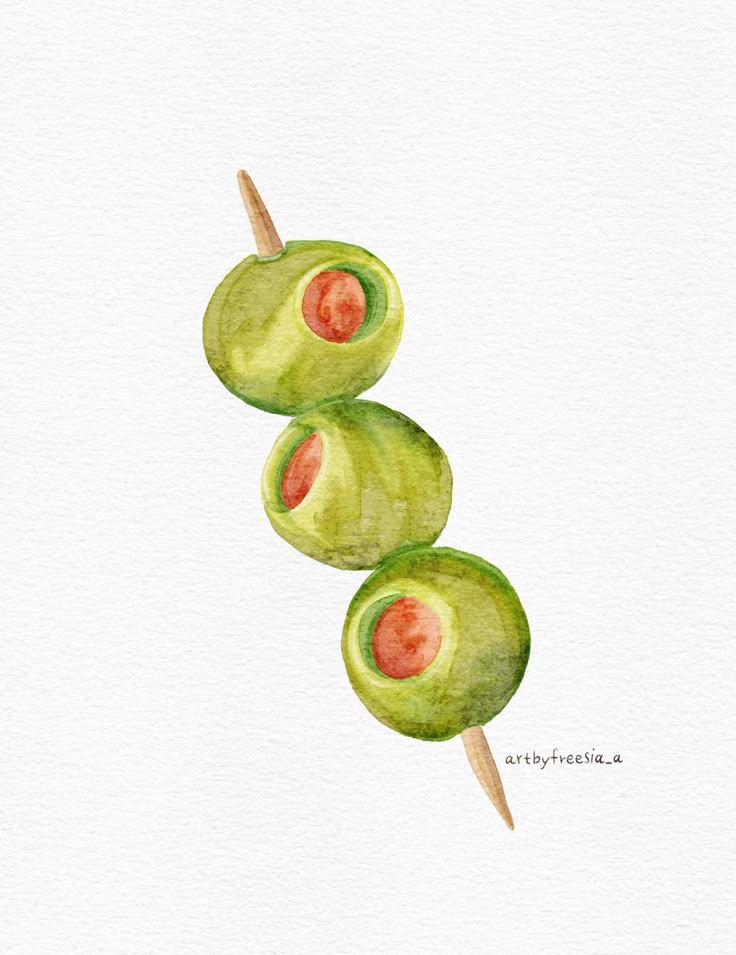 Olive watercolor drawing Olive digital stricker Olive commission drawing Watercolor illustration of three green olives with pimentos on a wooden skewer, set against a textured white background. | Sky Rye Design Watercolor illustration of three green olives with pimentos on a wooden skewer, set against a textured white background.
