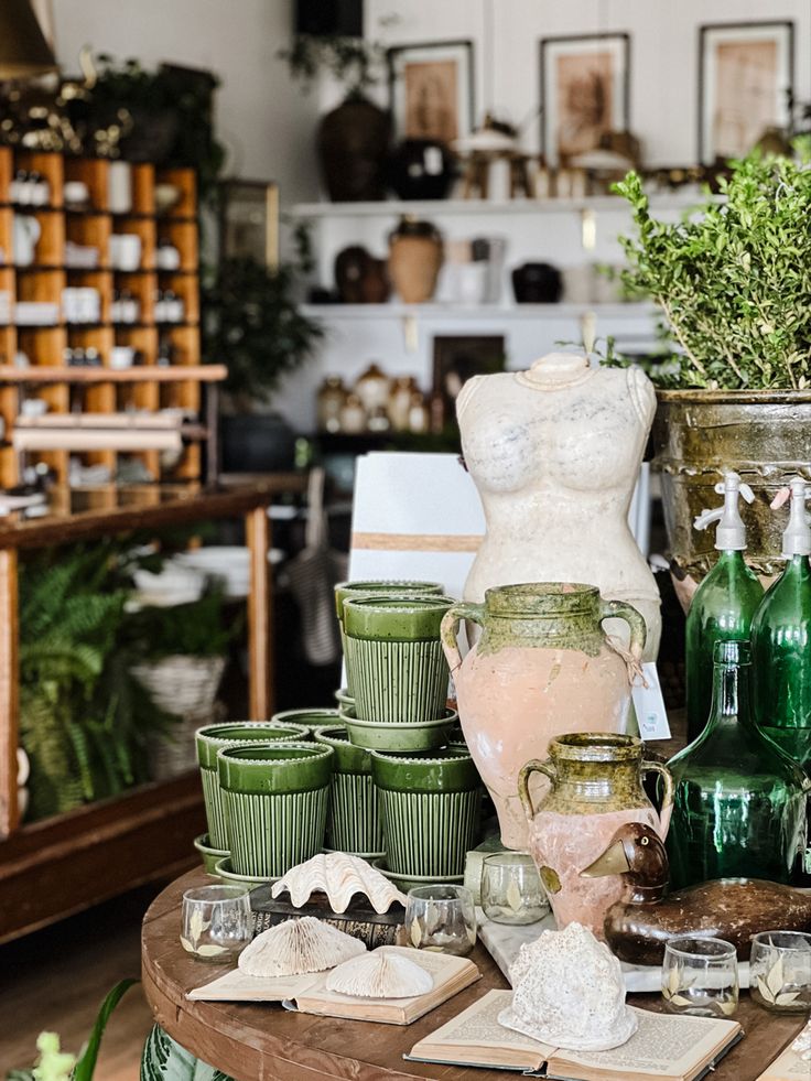 Oliver and Rust Vintage Interiors Rustic home decor with pottery, green plants, and seashells in a cozy store setting. | Sky Rye Design Rustic home decor with pottery, green plants, and seashells in a cozy store setting.