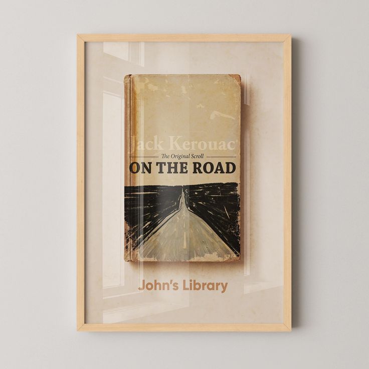 On The Road Custom Library Wall Art Personalized Book Cover Poster Library Decor Book Lover Gift Literary Gifts Bookish Gifts Book Art Framed book On the Road by Jack Kerouac displayed as part of John's Library collection, showcasing classic literature. | Sky Rye Design Framed book On the Road by Jack Kerouac displayed as part of John's Library collection, showcasing classic literature.