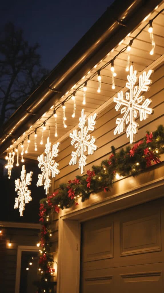 House adorned with glowing snowflake lights and festive garland, creating a warm, festive holiday atmosphere in the evening.