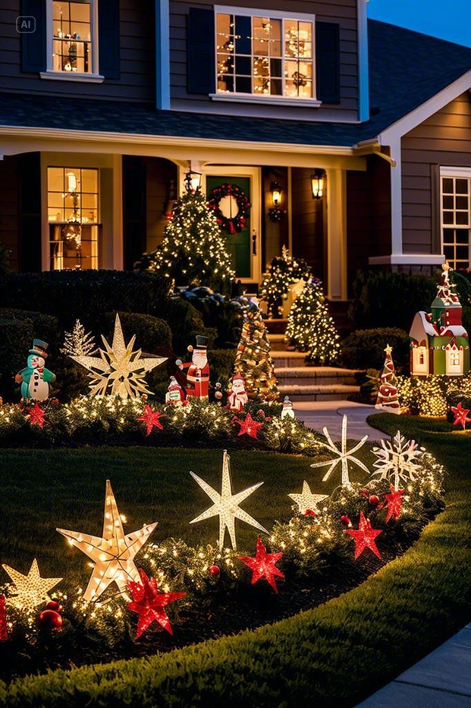 Festive house decorated with Christmas lights, stars, and holiday figures in front yard, creating a warm and inviting holiday ambiance.