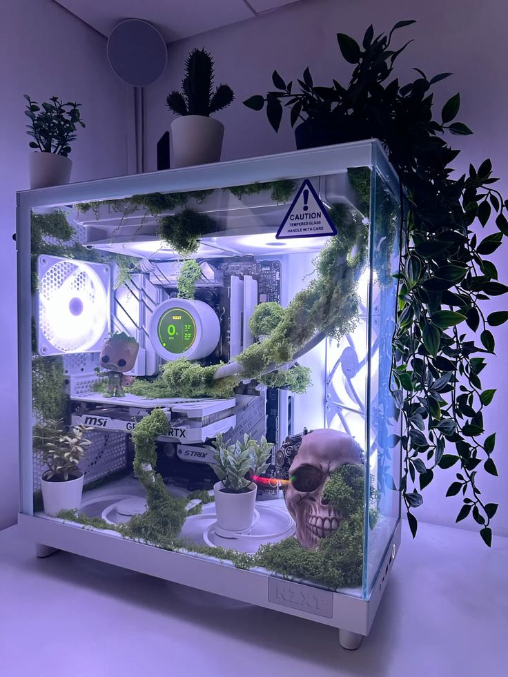 Custom PC case with greenery, skull, and plants, featuring MSI GeForce RTX graphics card, illuminated in soft LED lights.