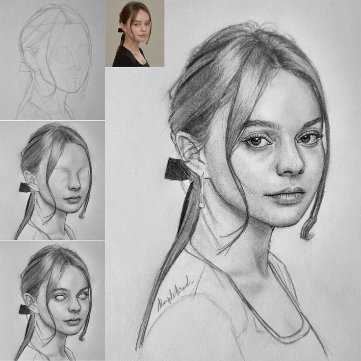 Pencil drawing 3_4 girl face using loomis method Progressive pencil portrait sketch of a young woman with an inset reference photo. | Sky Rye Design Progressive pencil portrait sketch of a young woman with an inset reference photo.