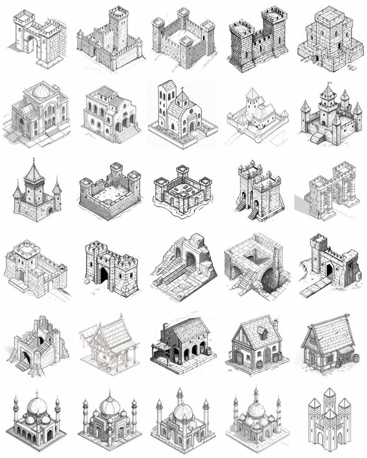 Photoshop and procreate brushes for creative people Sketches of various architectural structures including castles, towers, churches, and houses, showcasing diverse historical designs. | Sky Rye Design Sketches of various architectural structures including castles, towers, churches, and houses, showcasing diverse historical designs.