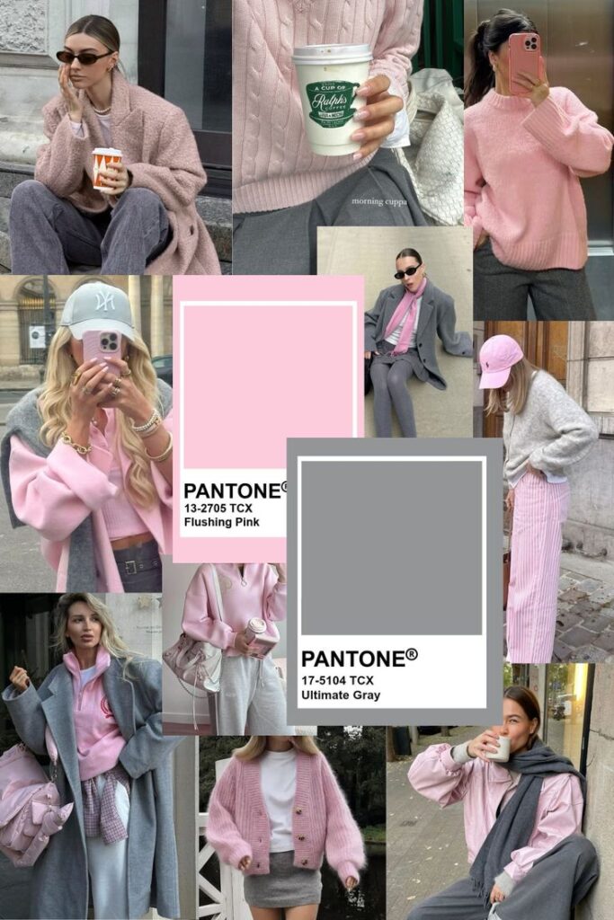 Collage featuring fashion outfits in Pantone Flushing Pink and Ultimate Gray tones, highlighting cozy and stylish seasonal wear.