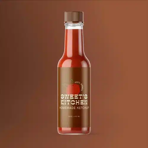Polypropylene-Synthetic-Labels-Rectangle-Ketchup-Bottlejpg Bottle of Sweet’s Kitchen homemade ketchup against a brown background, featuring a minimalist tomato label design. | Sky Rye Design Bottle of Sweet’s Kitchen homemade ketchup against a brown background, featuring a minimalist tomato label design.