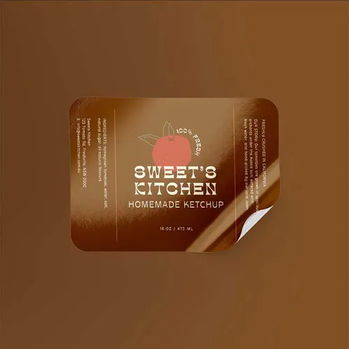 Polypropylene-Synthetic-Labels-Rectangle-Ketchup-Stickerjpg Label design for Sweet's Kitchen Homemade Ketchup featuring a red tomato illustration. Text highlights freshness and a 16 oz bottle size. | Sky Rye Design Label design for Sweet's Kitchen Homemade Ketchup featuring a red tomato illustration. Text highlights freshness and a 16 oz bottle size.