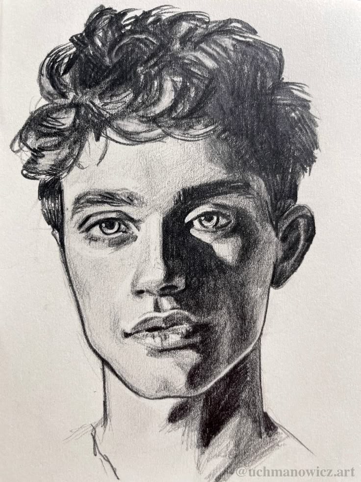Portrait by uchmanowicz_art on IG Realistic pencil drawing of a man's face with curly hair and expressive eyes. | Sky Rye Design Realistic pencil drawing of a man's face with curly hair and expressive eyes.