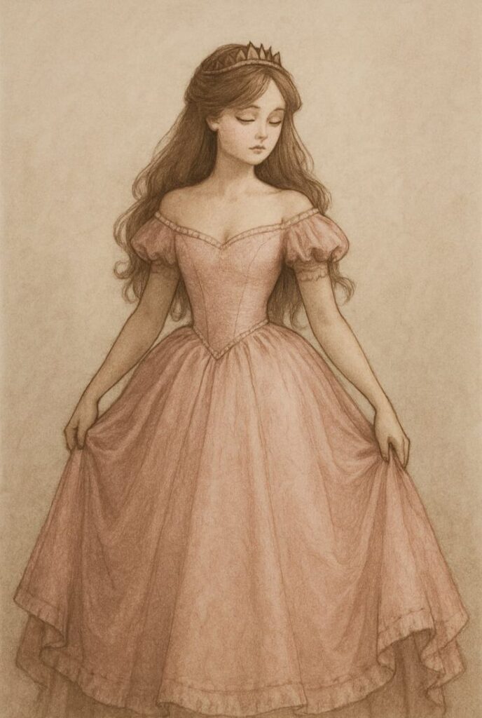 Princess Illustrated princess in a pink gown and crown, gazing down serenely. Vintage art style with soft tones and intricate details. | Sky Rye Design Illustrated princess in a pink gown and crown, gazing down serenely. Vintage art style with soft tones and intricate details.