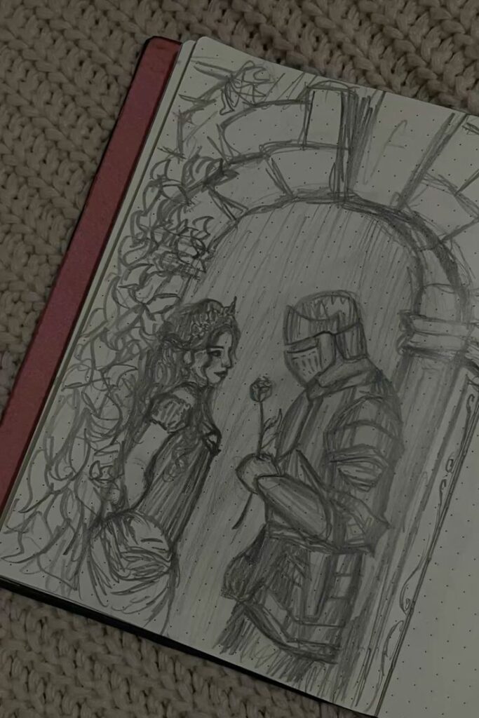 Princess x knight Pencil sketch of a knight offering a rose to a woman in a gown under a stone arch, surrounded by vines in a notebook. | Sky Rye Design Pencil sketch of a knight offering a rose to a woman in a gown under a stone arch, surrounded by vines in a notebook.