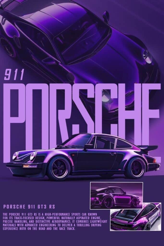 Purple Porsche 911 GT3 RS sports car poster with bold typography and stylish design elements.