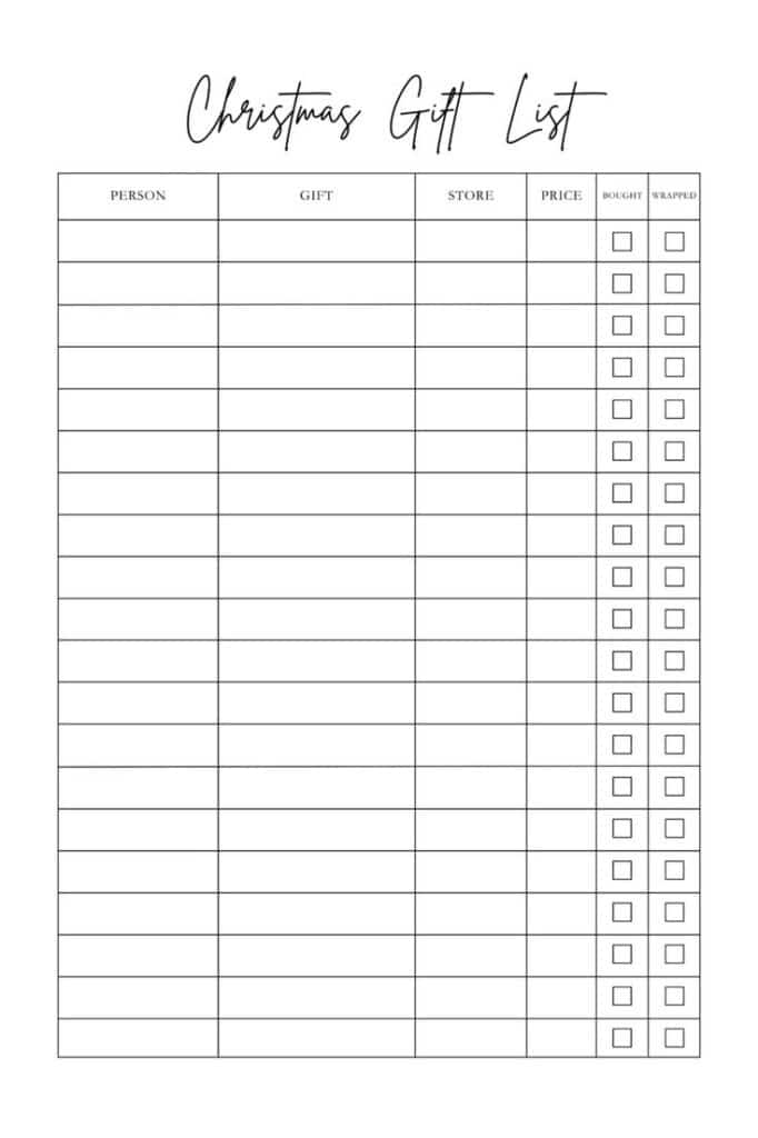 Christmas gift list template with columns for person, gift, store, price, bought, and wrapped status. Great for holiday planning.