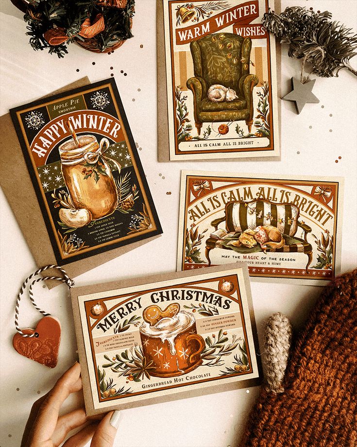 Festive winter and Christmas cards with cozy illustrations, featuring hot drinks, warm chair, and holiday greetings on a rustic background.