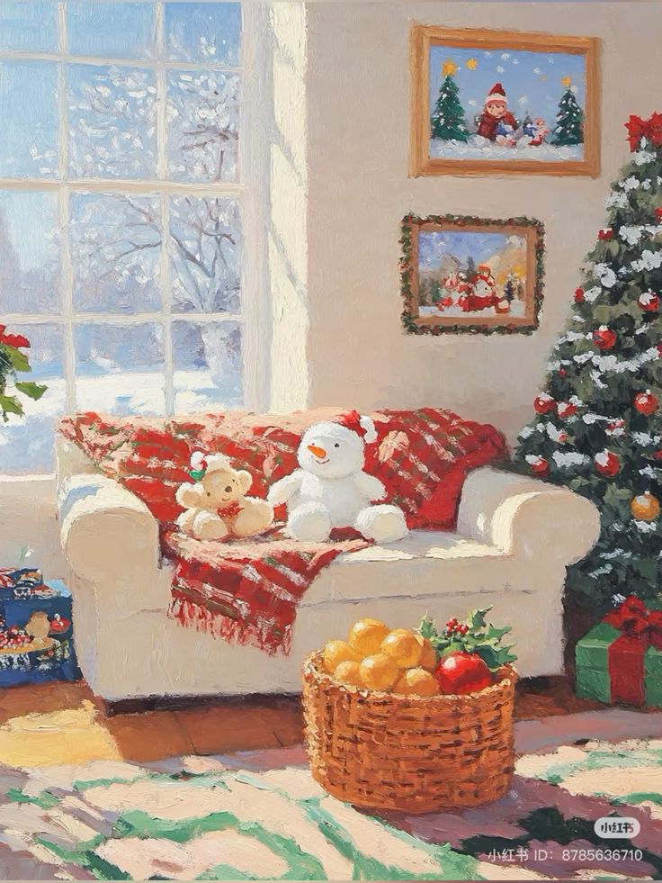 Cozy Christmas room with a teddy bear and snowman on a sofa, festive tree, and holiday decor by a snow-covered window.