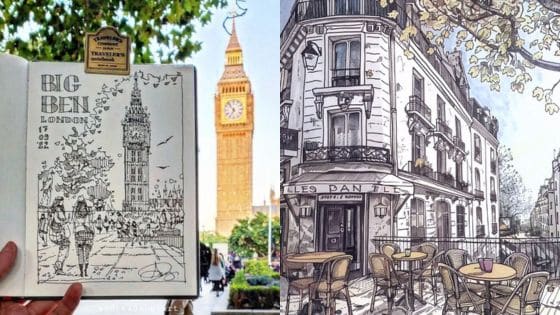 Ready to Create Skyline Heres How to Draw a City Step-by-Step Sketch of Big Ben with the clock tower in the background and an illustration of a charming European street café scene. | Sky Rye Design Sketch of Big Ben with the clock tower in the background and an illustration of a charming European street café scene.