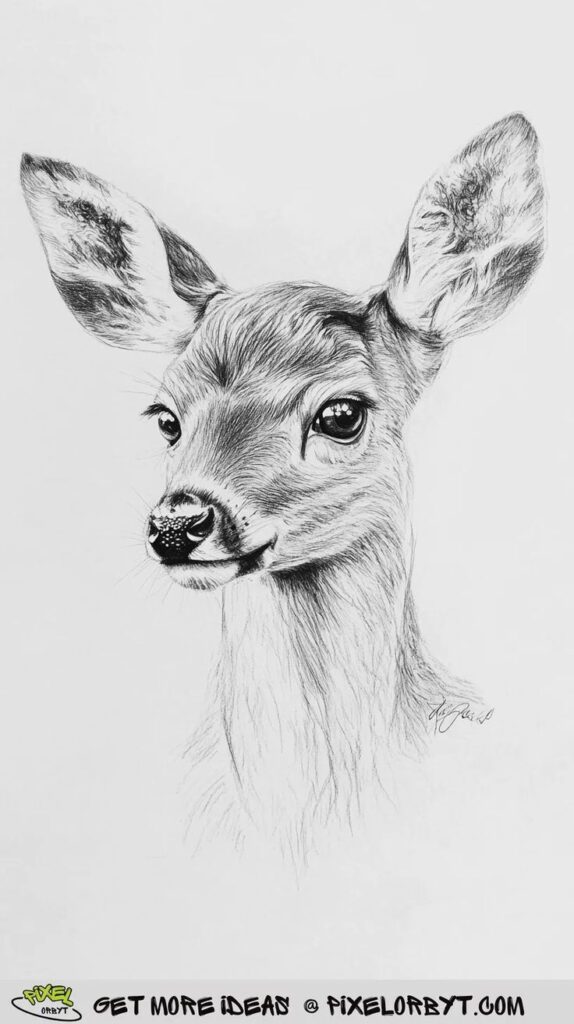 Pencil sketch of a deer fawn with detailed features and expressive eyes on a white background.