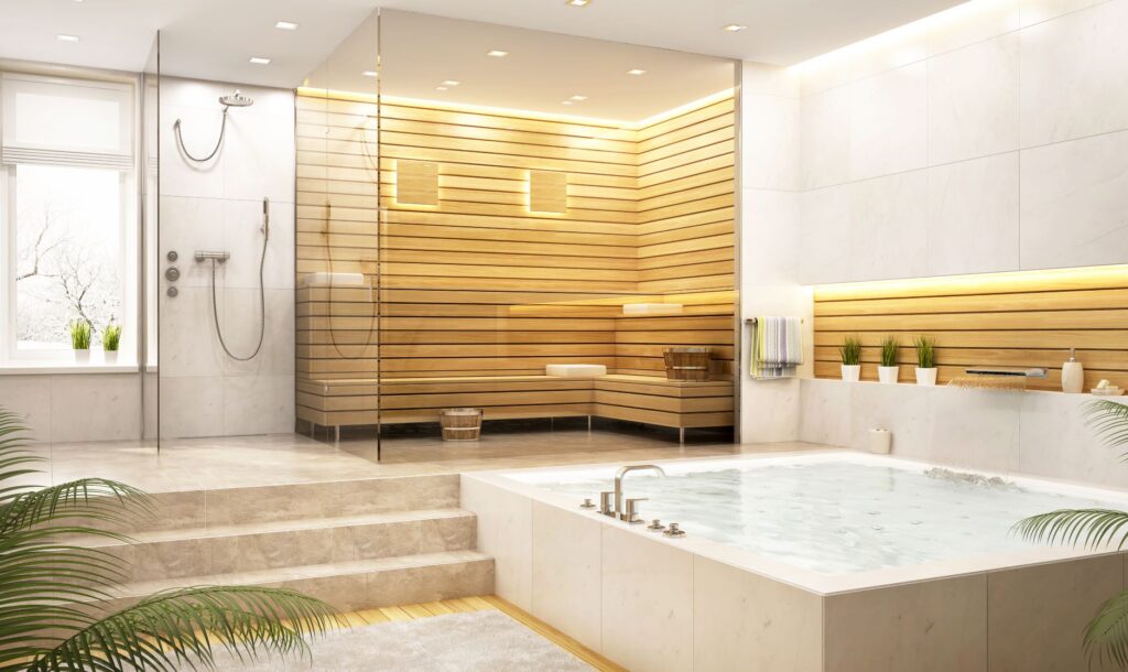 Modern luxury bathroom with sauna, glass shower, spacious hot tub, and elegant wood accents for a relaxing spa experience.
