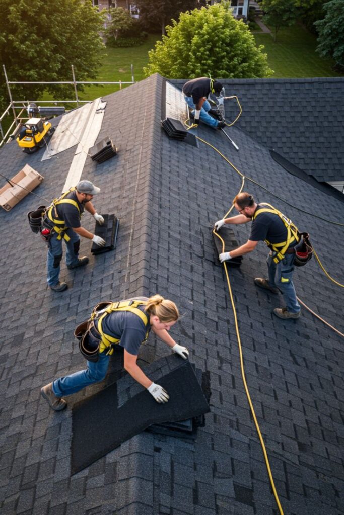 Reliable Roofers in Enfield Roofing You Can Trust Roofers installing asphalt shingles on a residential roof surrounded by trees. | Sky Rye Design Roofers installing asphalt shingles on a residential roof surrounded by trees.