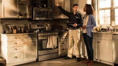 Man and woman discuss damage in a smoke-stained kitchen, assessing fire impact on cabinets and appliances, with sunlight through window.