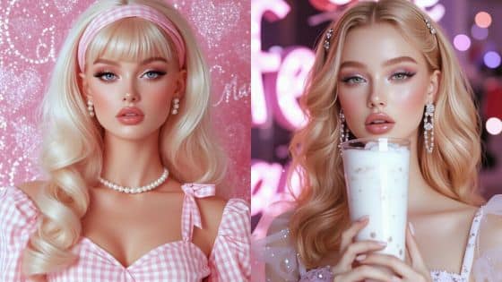 Revolutionize Images Discover the Power of AI in Photo Editing Blonde women with elegant hairstyles and makeup, one in pink attire, one holding a milkshake, against a sparkling, vibrant background. | Sky Rye Design Blonde women with elegant hairstyles and makeup, one in pink attire, one holding a milkshake, against a sparkling, vibrant background.