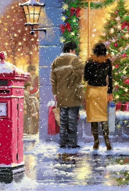 Couple walking in a snowy Christmas scene, carrying shopping bags, near a festive tree and red mailbox, under warm streetlight glow.