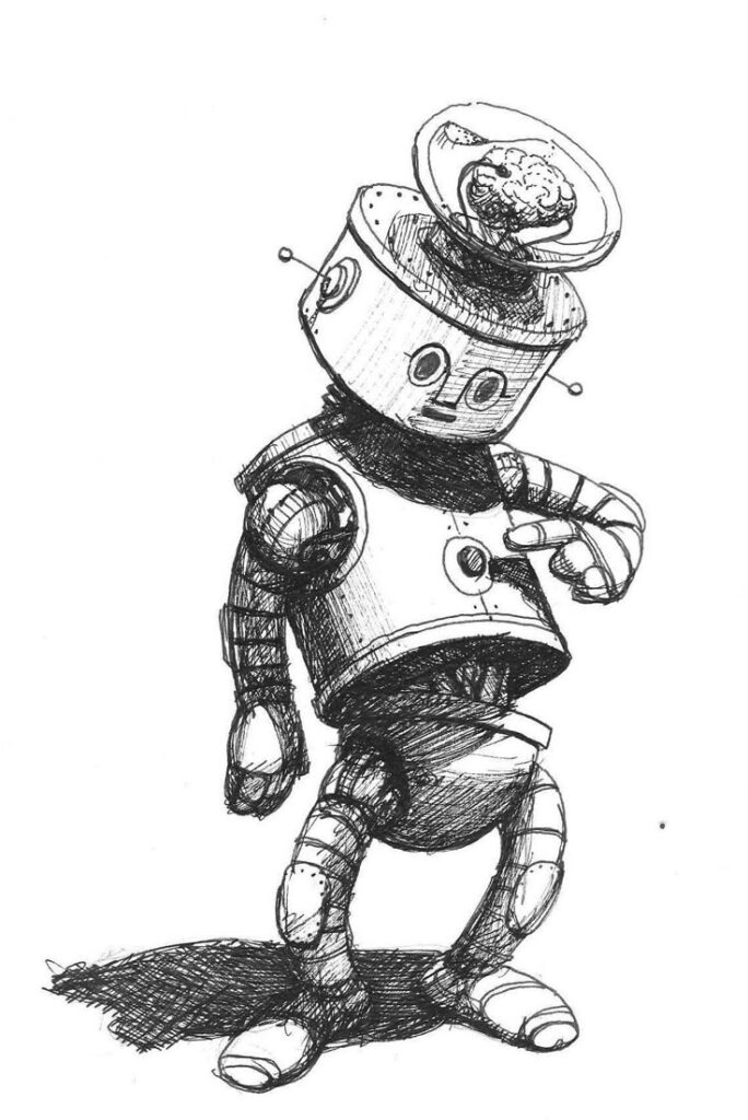Quirky robot with visible brain under a dome, pointing at its chest. Hand-drawn sketch in ink, showcasing retro-futuristic design.
