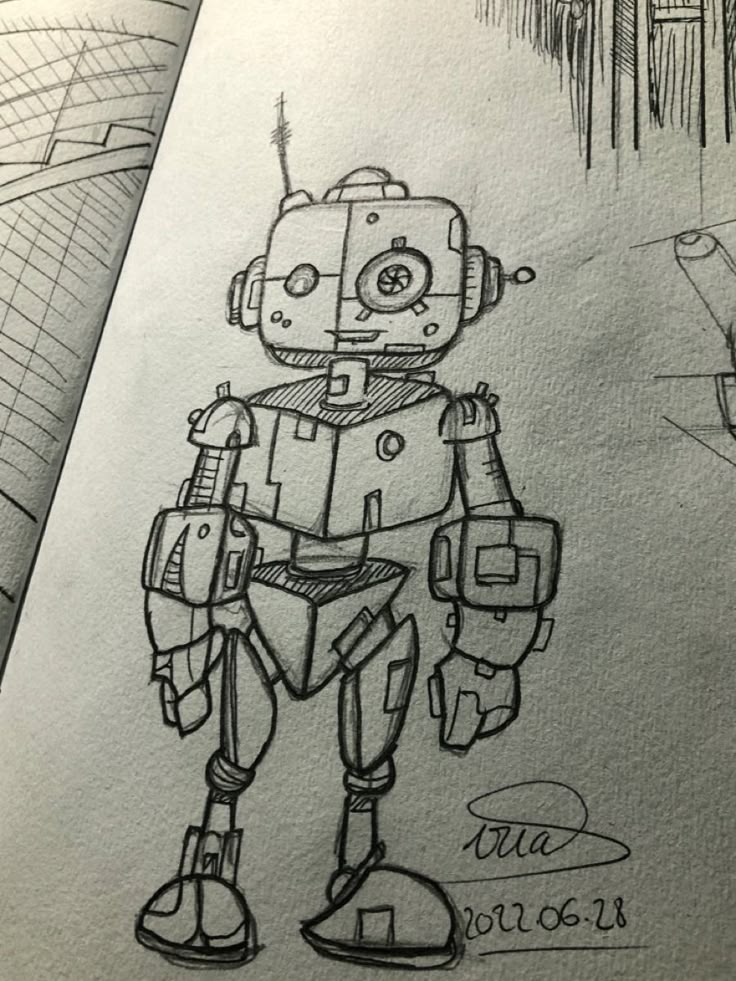 Pencil sketch of a whimsical robot with an antenna, detailed joints, and gears, showcasing creativity and artistry in mechanical design.