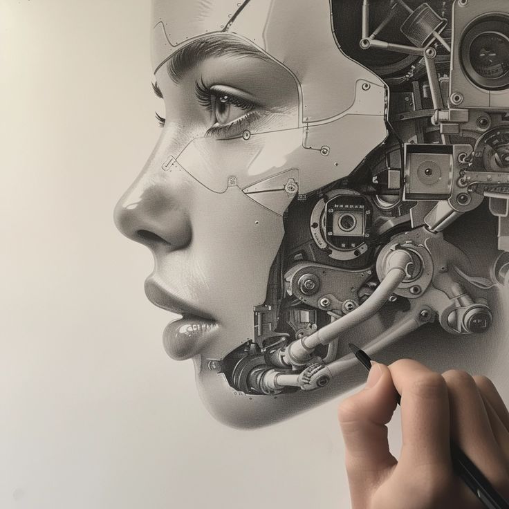 Futuristic cyborg portrait being sketched by hand, showcasing intricate machinery integrated with human features.