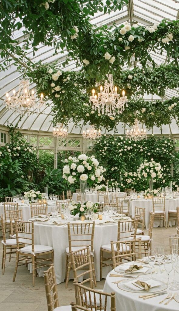 Romantic Garden in a Greenhouse_ A Fairytale Wedding _ Romantische Hochzeit im Gewächshaus Elegant wedding reception in a glass conservatory, featuring floral decor, chandeliers, and white table settings with gold accents. | Sky Rye Design Elegant wedding reception in a glass conservatory, featuring floral decor, chandeliers, and white table settings with gold accents.