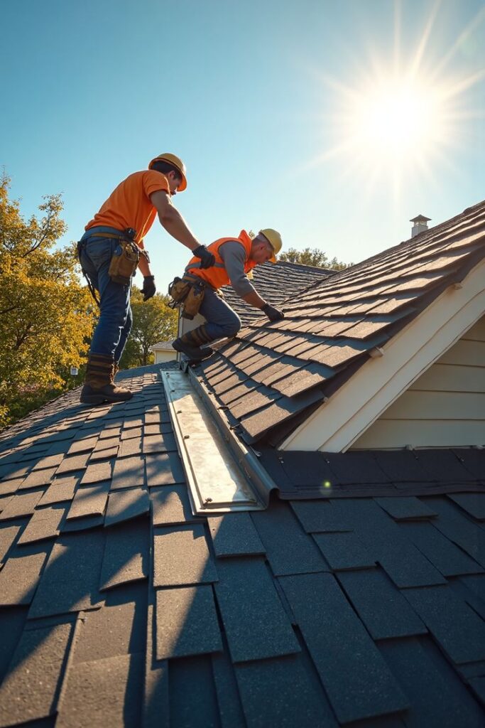 Roof Beauty Protection - Flawless Roof_ Complete Guide to Beauty Leak Prevention Roofers installing shingles on a house roof under a bright sun, wearing safety gear and orange vests. | Sky Rye Design Roofers installing shingles on a house roof under a bright sun, wearing safety gear and orange vests.