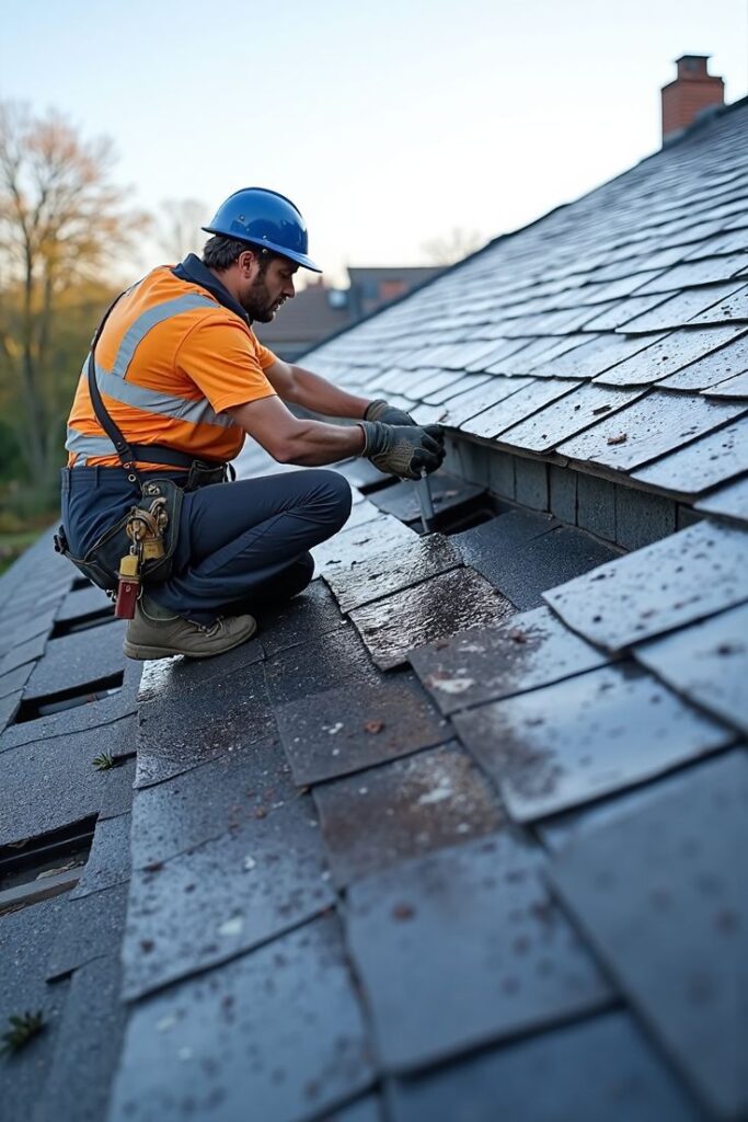 Roof Mastery 2025 - Flawless Roofs Skylights_ Expert Guide Roofer in safety gear inspecting and repairing damaged shingles on a residential roof. | Sky Rye Design Roofer in safety gear inspecting and repairing damaged shingles on a residential roof.