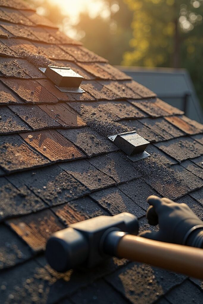 Roof Transformation - Roof Renewal_ Old vs New Rooftop maintenance with a hammer and gloves at sunrise, focusing on shingle detail. | Sky Rye Design Rooftop maintenance with a hammer and gloves at sunrise, focusing on shingle detail.