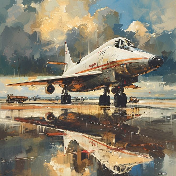 Vintage aircraft on a wet runway with dramatic clouds, reflecting in a puddle; a striking scene capturing aviation history and weather dynamics.