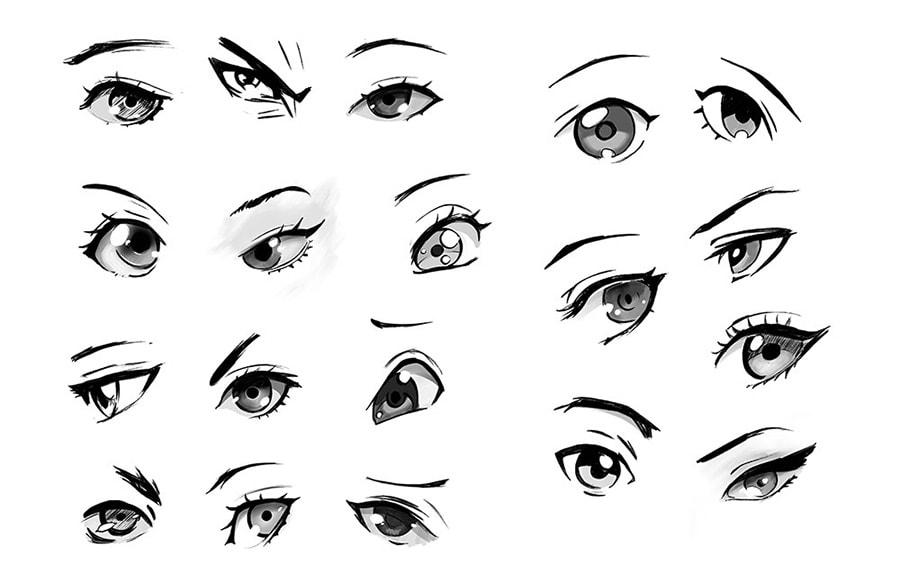Various black and white anime eye drawings showcasing different styles and expressions, illustrating diverse artistic techniques.