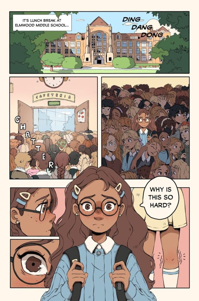 Comic panels showing a middle school lunch break, crowded cafeteria, and a worried student thinking, Why is this so hard?