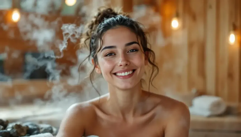 Smiling woman relaxing in a wooden sauna with steam, enjoying spa therapy and wellness.
