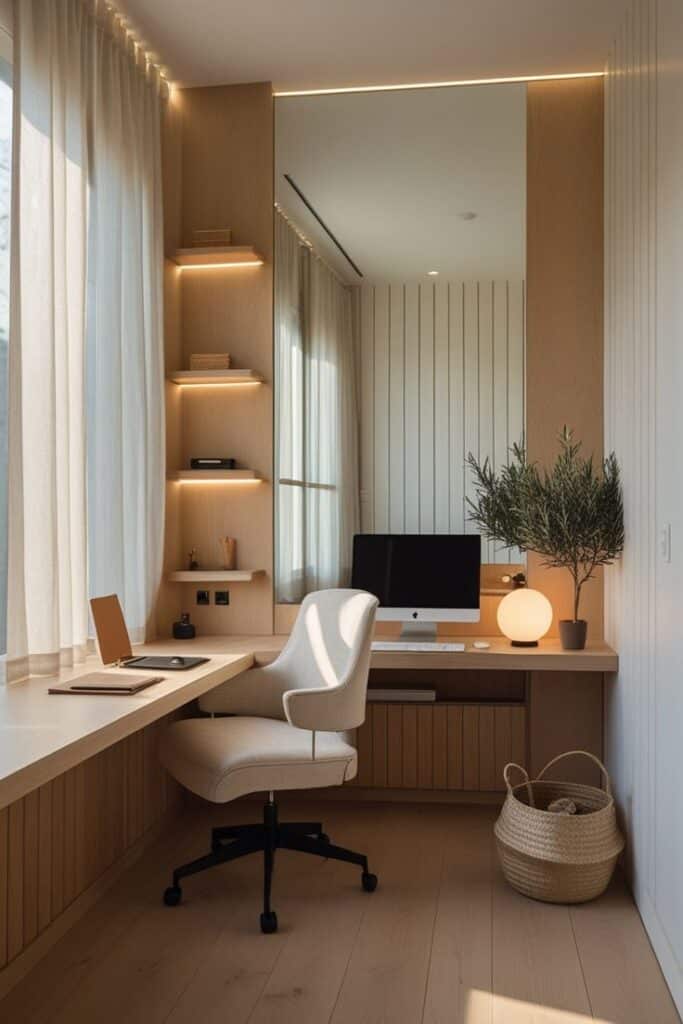 Modern home office with a minimalist design featuring a computer, shelves, and a cozy chair. Sunlight filters through tall curtains.