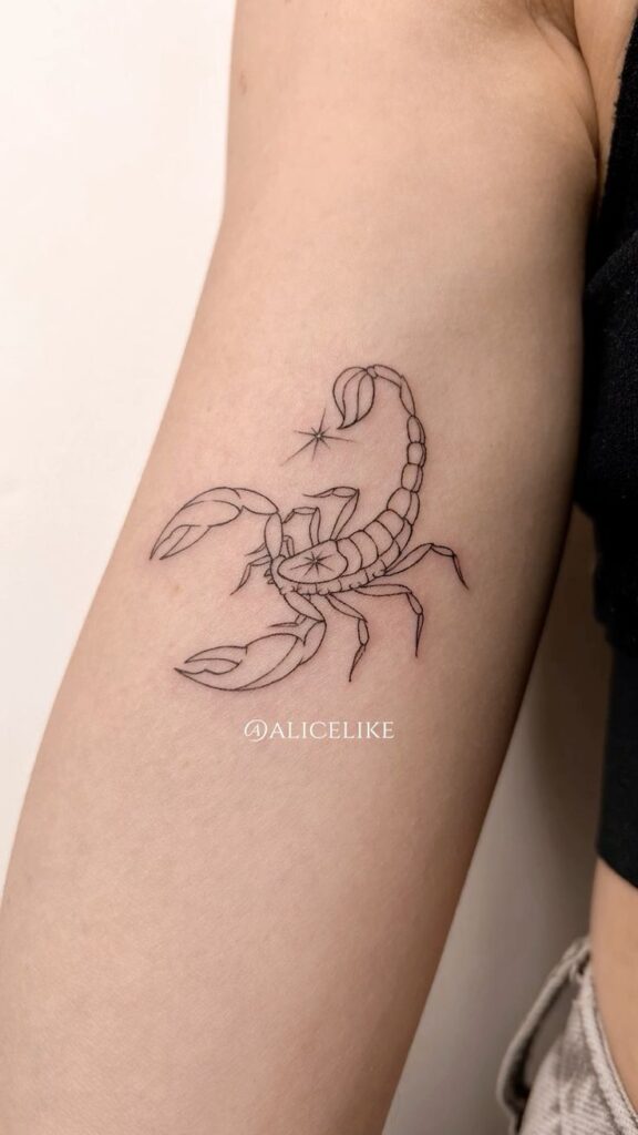 Minimalist scorpion tattoo on arm with delicate line art and star accents. Stylish black ink design on smooth skin.