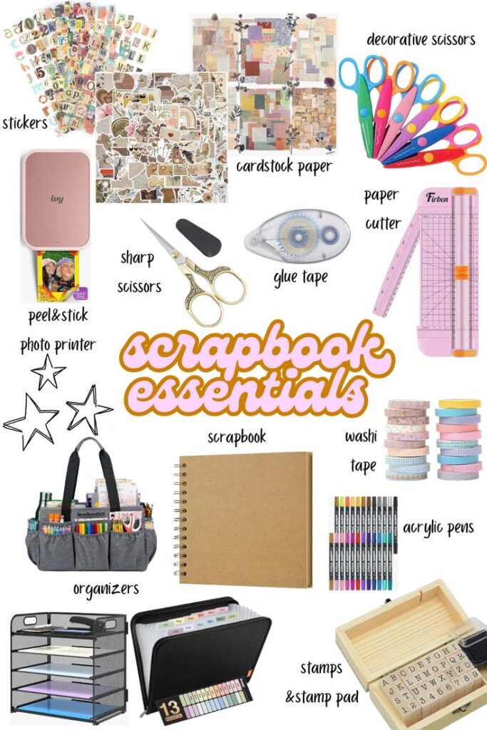 Scrapbook essentials: stickers, cardstock paper, decorative scissors, glue tape, paper cutter, scrapbook, washi tape, acrylic pens, organizers.