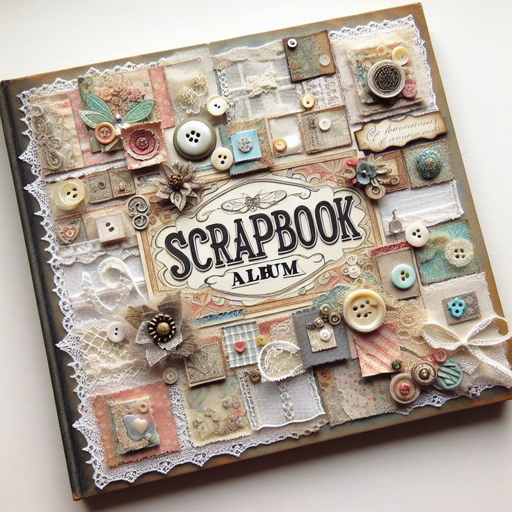 Vintage scrapbook album decorated with buttons, lace, and fabric patches, showcasing a creative and artistic design.