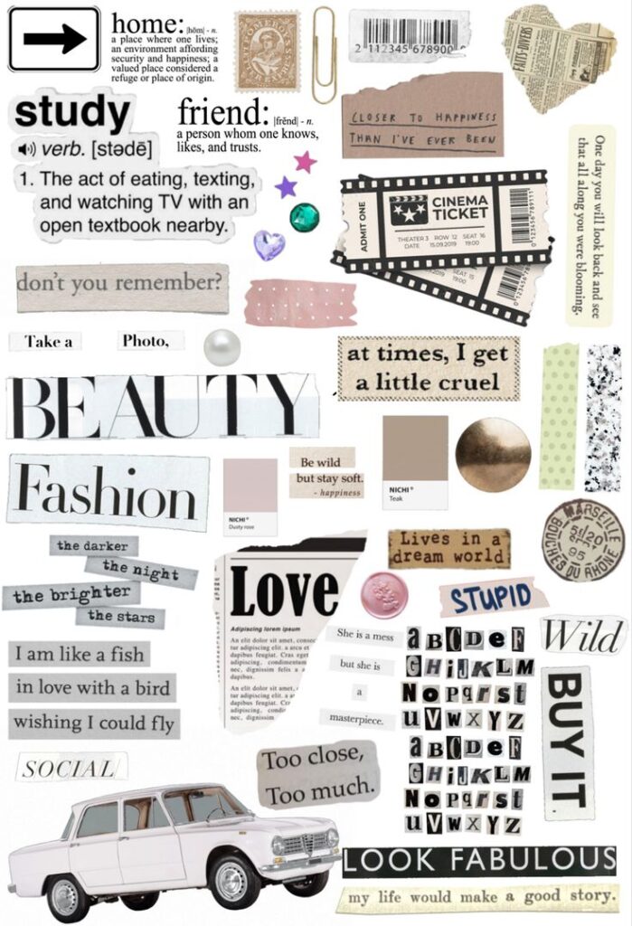 Collage of assorted cut-out words, phrases, and images, including definitions, tickets, and a vintage car, creating a nostalgic aesthetic.