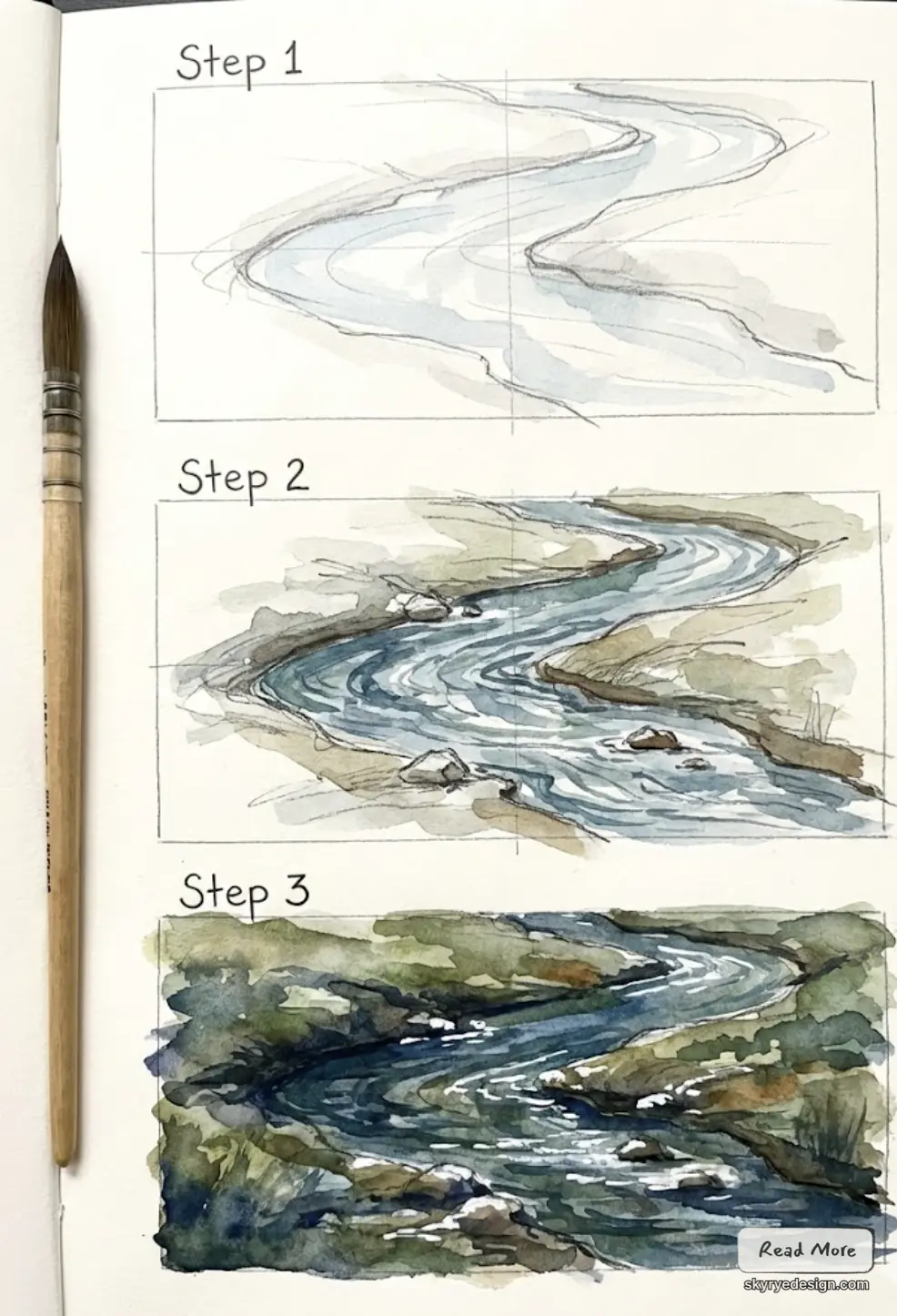 Step-by-step watercolor tutorial of a winding river in a sketchbook, three stages from sketch to detailed painting with brush