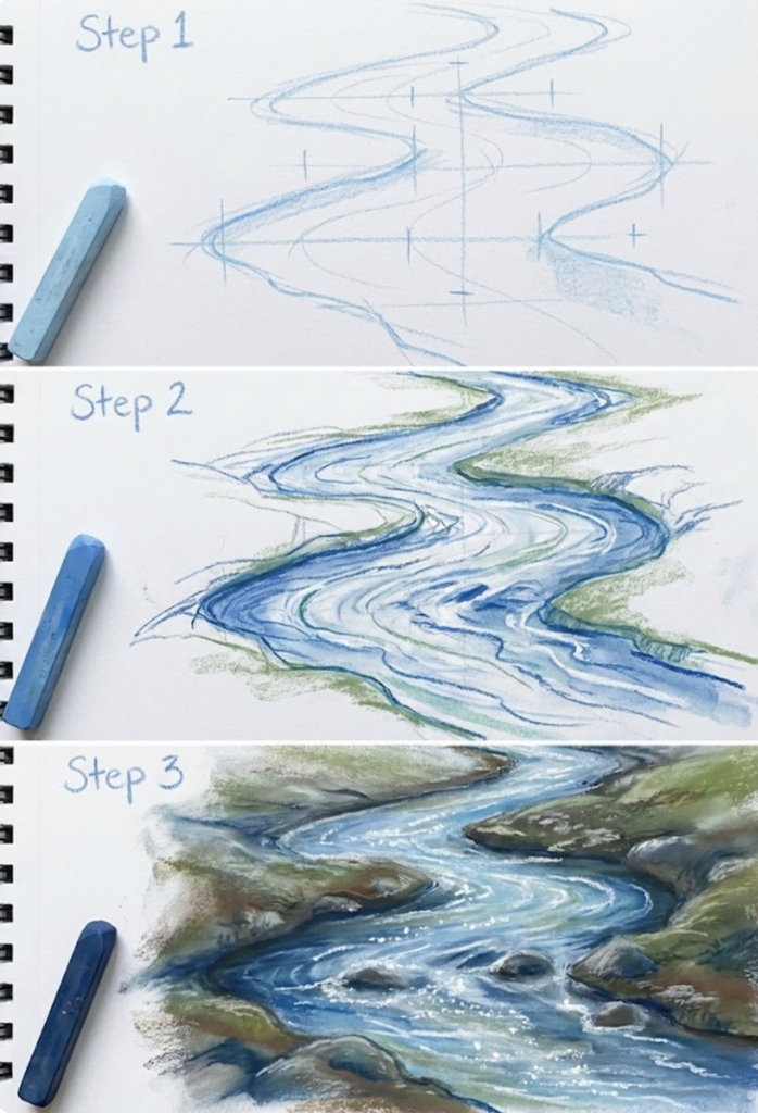 Three-step pastel tutorial of a winding river: blue chalk sketches evolving into a detailed river painting with banks and rocks. How to Draw a River