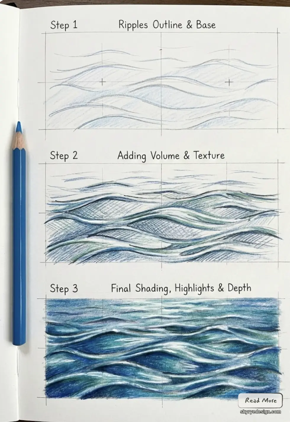 Colored-pencil wave tutorial: Step 1 ripples outline, Step 2 add volume & texture, Step 3 final shading, highlights & depth; blue pencil at left.