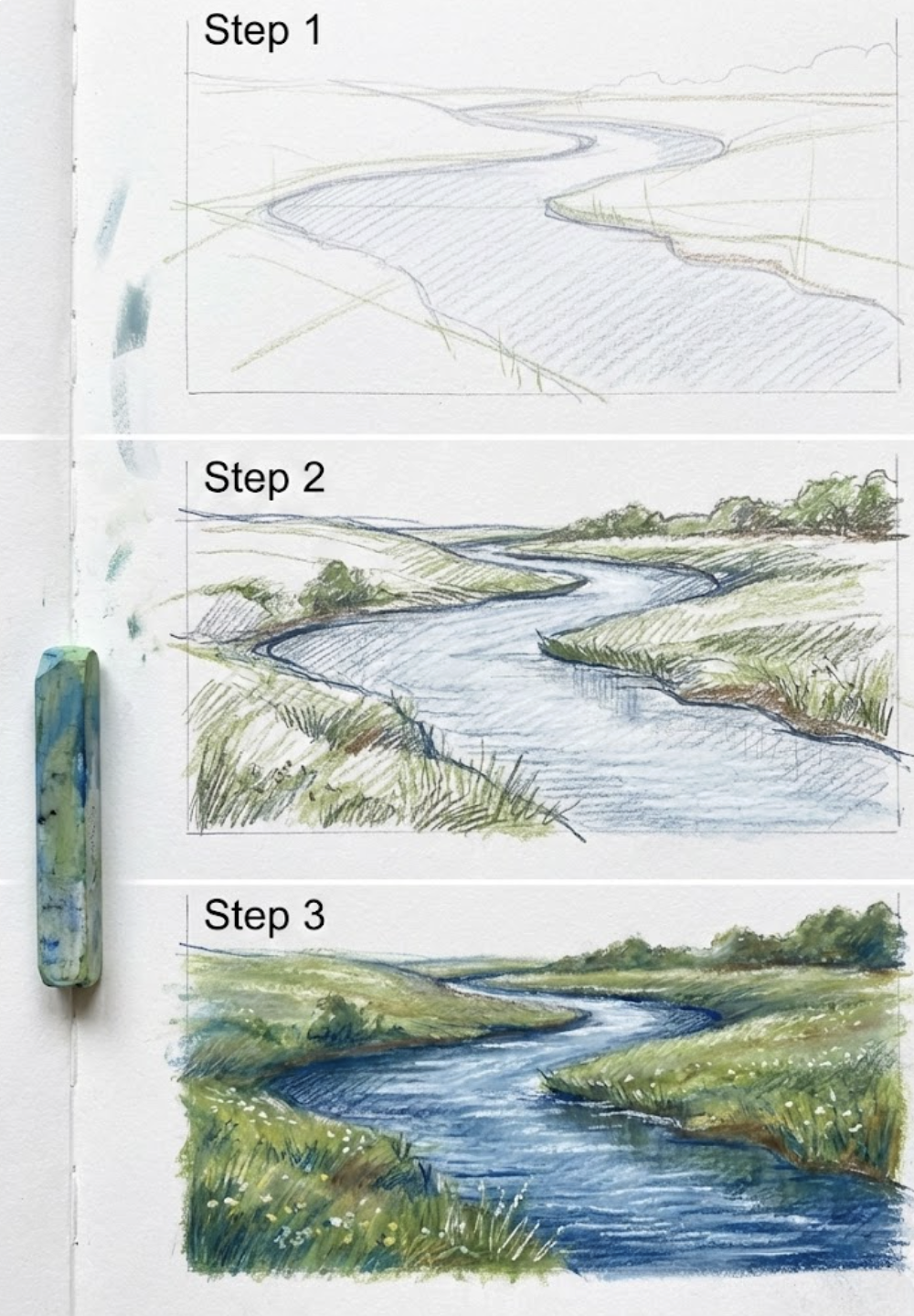 Step-by-step pastel landscape tutorial showing a meandering river and grassy banks in three stages, from rough sketch to full-color painting.