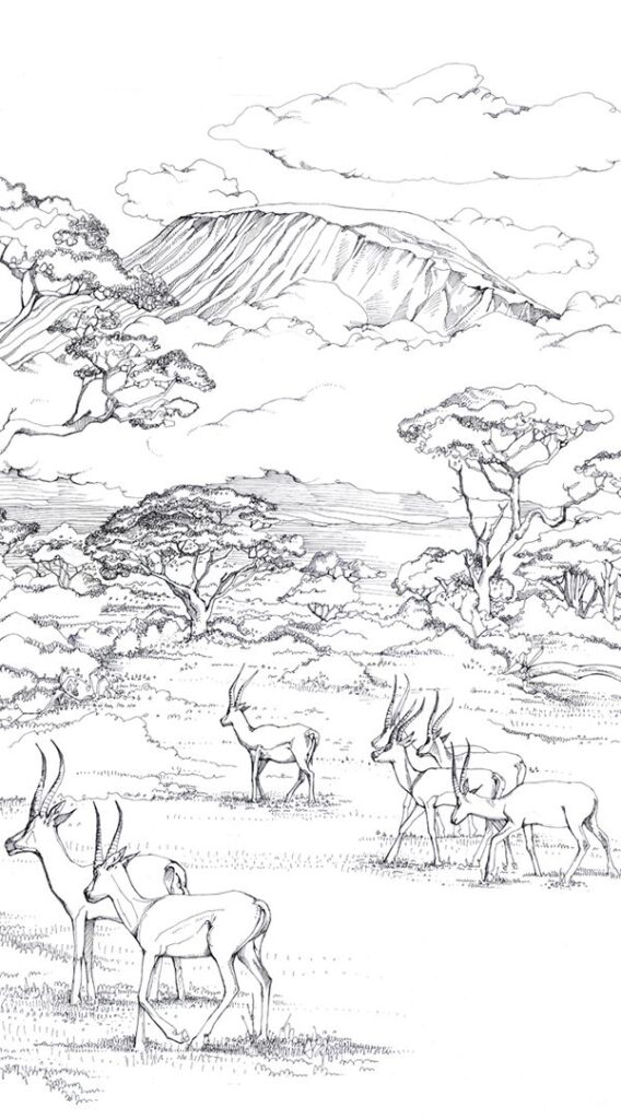 Illustration of antelopes grazing in front of Mount Kilimanjaro, surrounded by acacia trees and a vast savannah landscape.