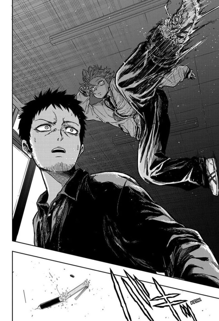 Dynamic manga scene with intense emotions; person dodging a kick as pencil shatters, creating action-filled tension and drama.