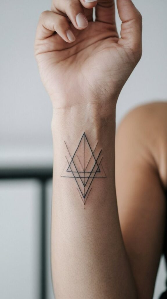 Simple Geometric Patterns Minimalist geometric tattoo design on a person's wrist, featuring overlapping triangles and lines for modern body art inspiration. | Sky Rye Design Minimalist geometric tattoo design on a person's wrist, featuring overlapping triangles and lines for modern body art inspiration.